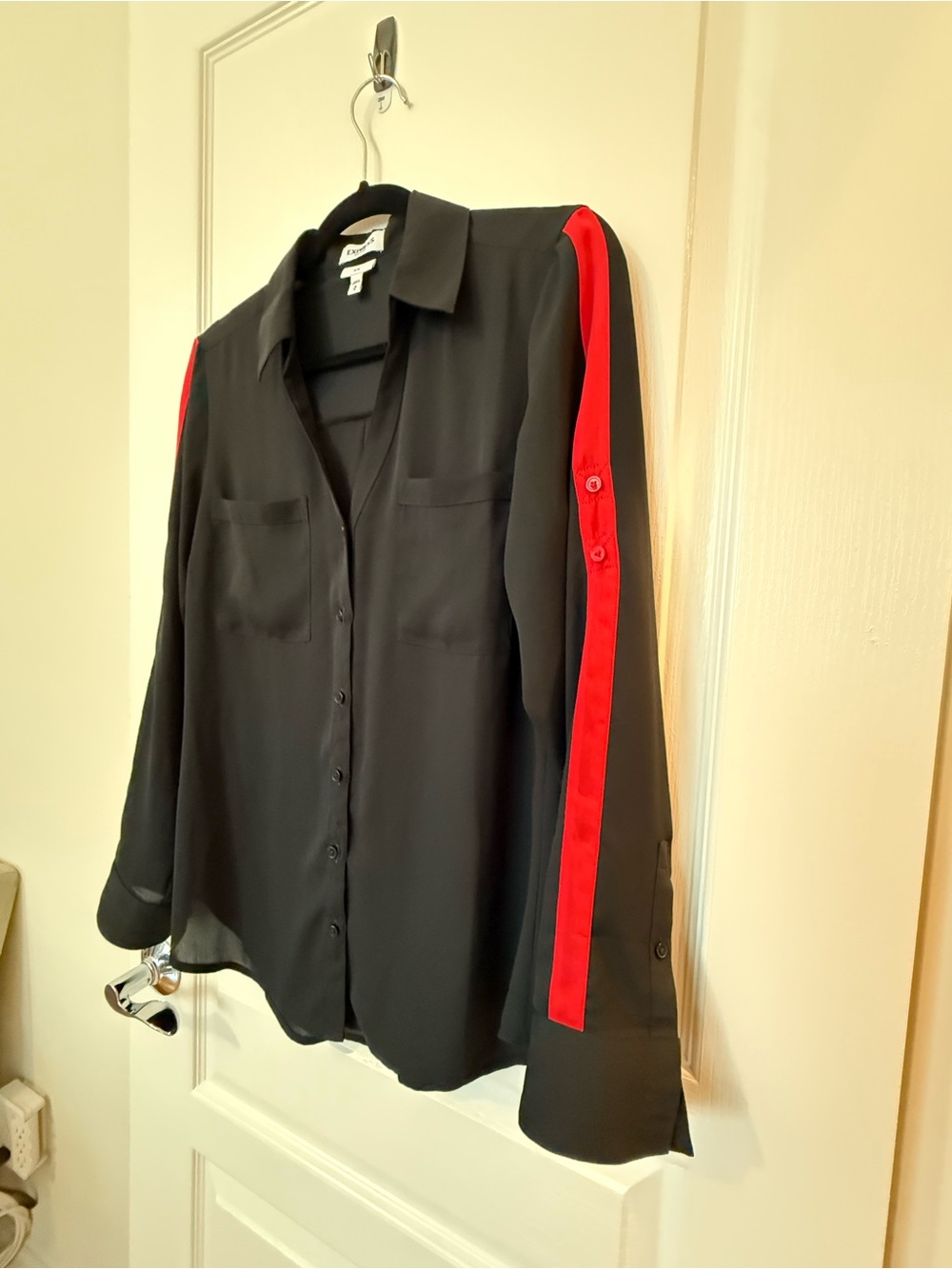Express Black Button-Down Shirt with Red Sleeve Stripe